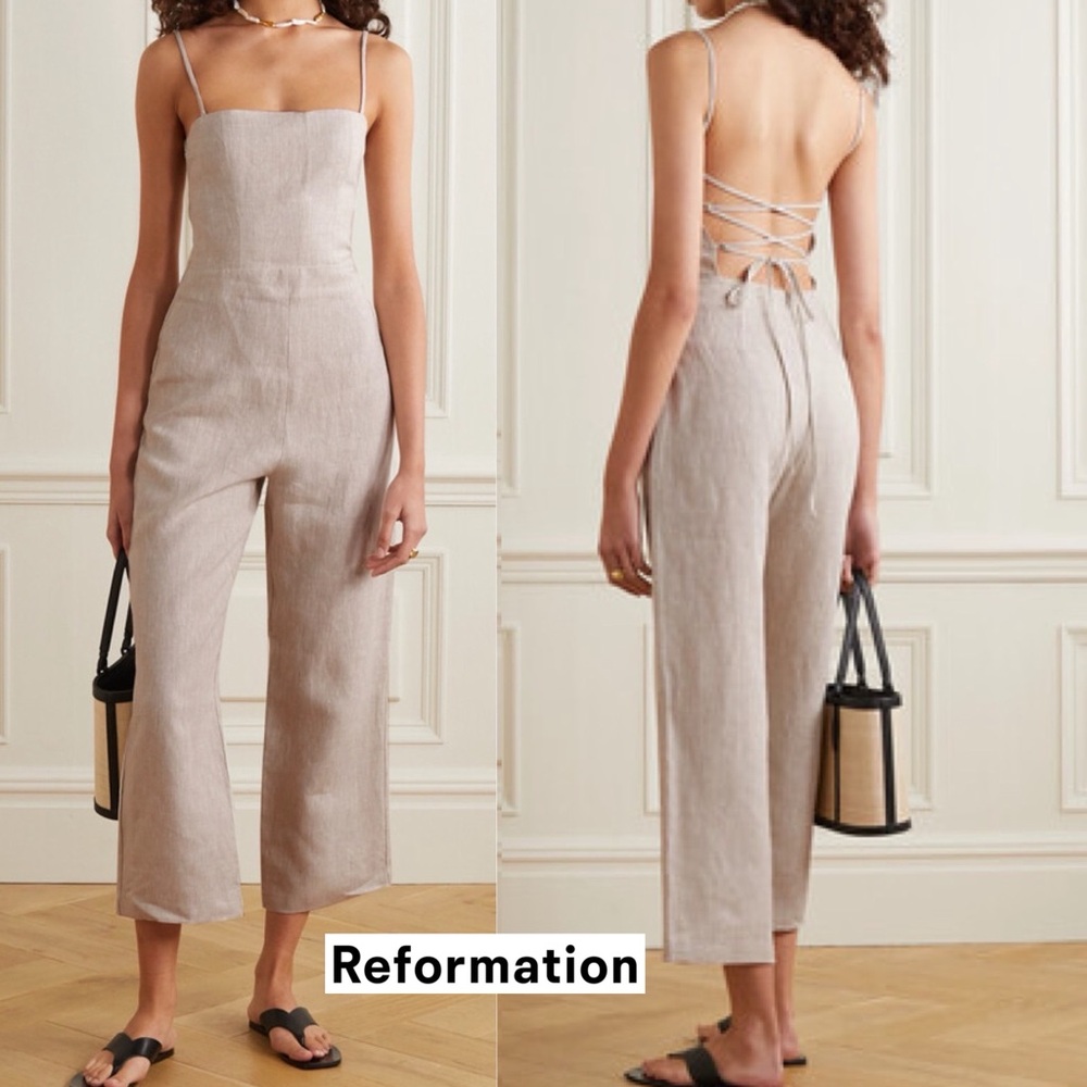 Reformation Huntington Open Back Linen Jumpsuit 12 Oatmeal Wide Leg Lace Up - Picture 2 of 16
